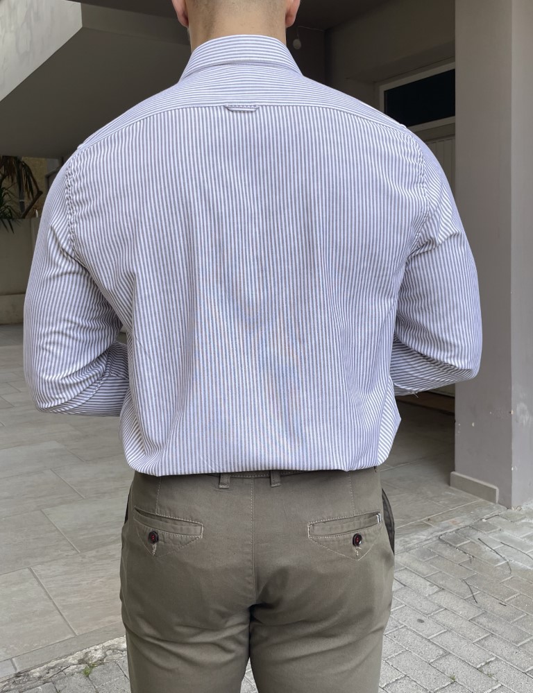 Ανδρικό πουκάμισο με γιακά λευκό με καφέ ρίγα 2097K φωτογραφία